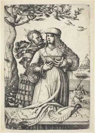 Soldier Embracing a Woman, by Daniel Hopfer, ink, 1530