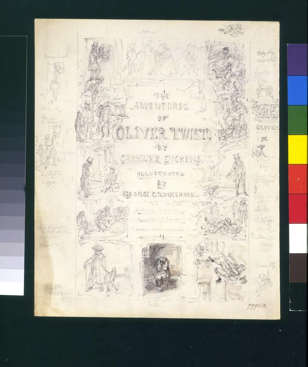 Draft title page for Charles Dickens' <i>Oliver Twist</i>, by George Cruikshank, 1846