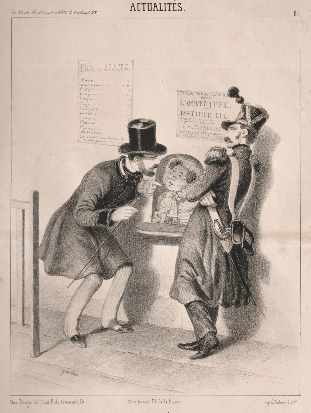 Actualités:  L'Ouverture du second théatre français.  Mr. tout est plein vous ne trouveriez pas même un place au paradis!  si vous voulez revenir dans un quinzaine, peut-être que nous en aurons!, by Clémente Pruche, 1840