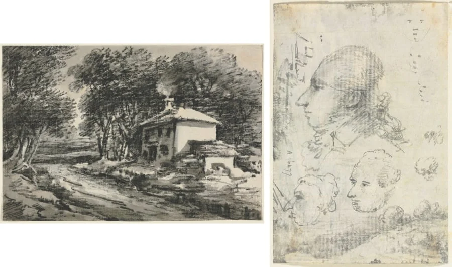 Landscape with Cottage (recto); Studies of Heads (verso), detail