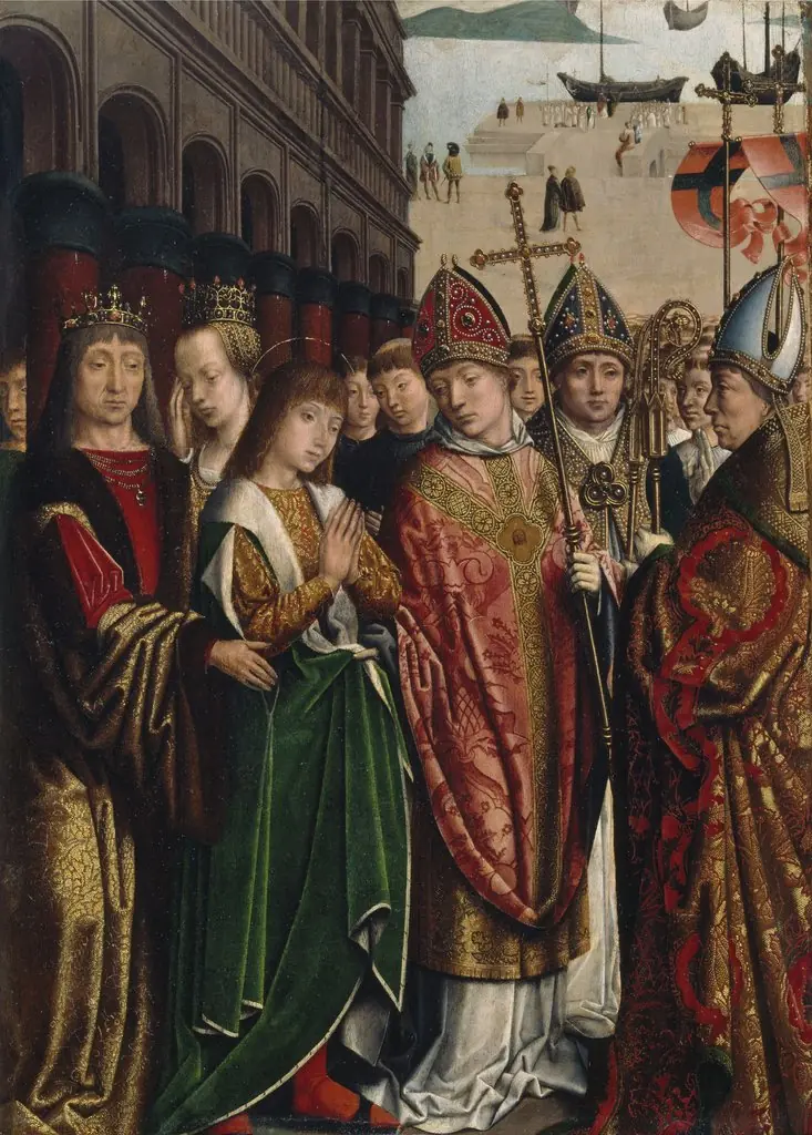 Saint Rumbold Taking Leave of his Parents, by Gerard David, oil, 1496