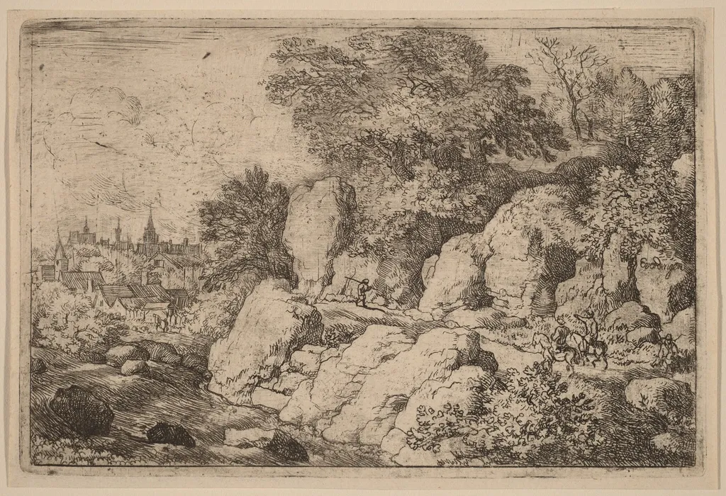 Two Horsemen on a Rocky Path, by Allart van Everdingen, ink, 1650