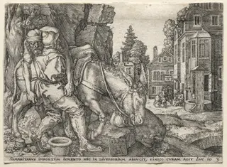 The Parable of the Good Samaritan: The Good Samaritan Putting the Traveler on His Donkey, by Heinrich Aldegrever, 1554