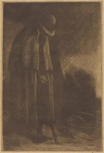 Traveler taking Shelter (Le voyageur a l'abri), by Alphonse Legros, ink, 1874