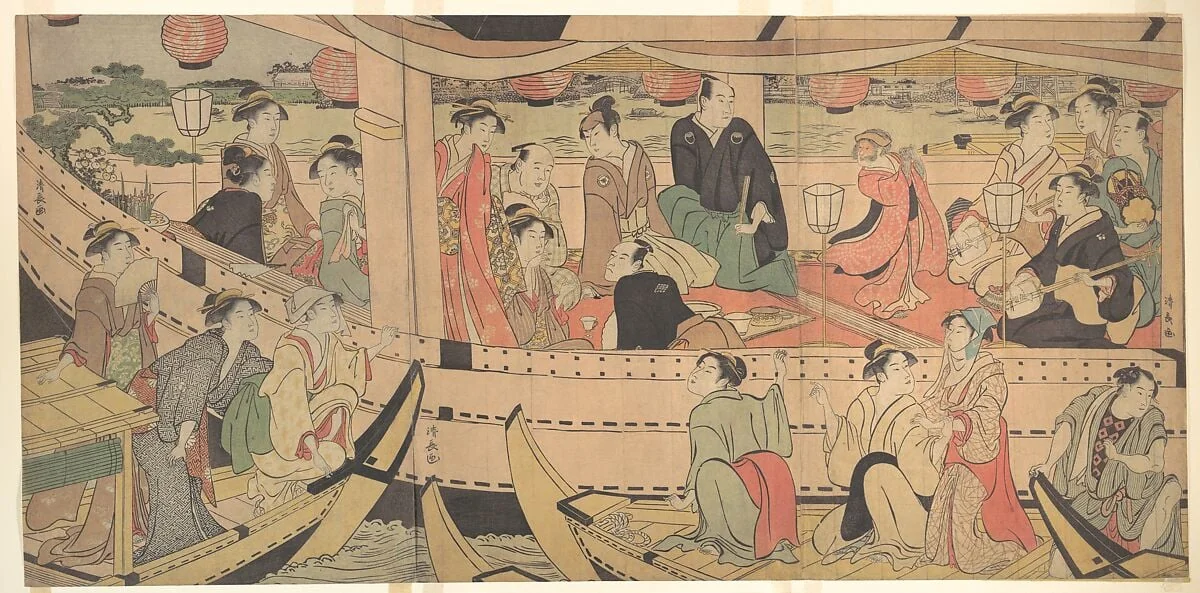 三俳優隅田川船遊び|Sumida River Holiday, detail