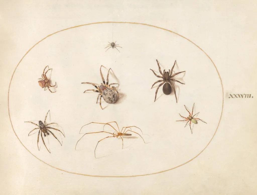 Plate 38: Seven Spiders, by Joris Hoefnagel, gouache, 1594