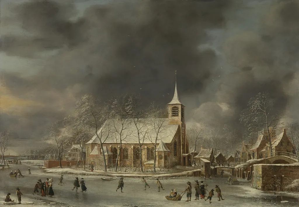 View of the church of Sloten in the winter, by Jan Abrahamsz Beerstraaten, oil, 1650