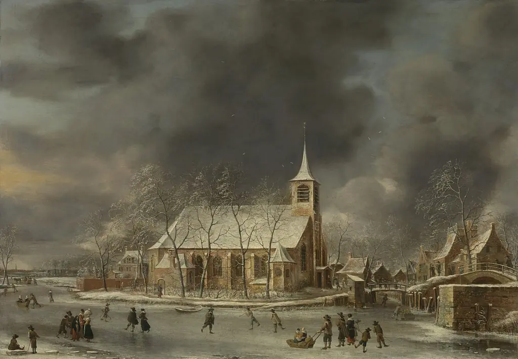 View of the church of Sloten in the winter, by Jan Abrahamsz Beerstraaten, oil, 1650