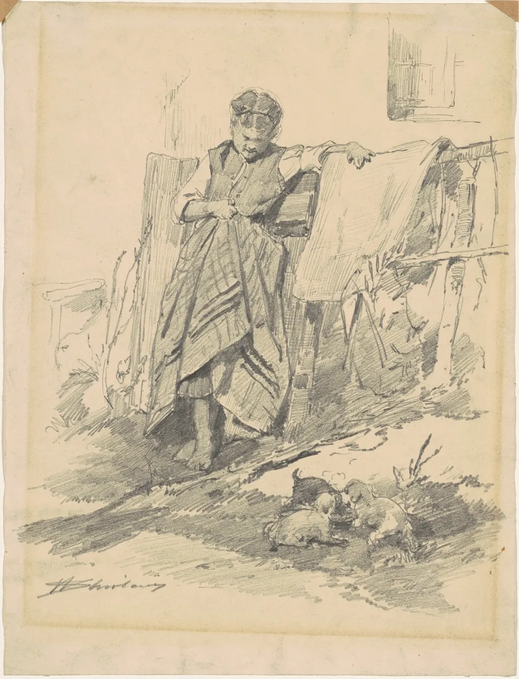 Woman Watching Puppies, by Walter Shirlaw, graphite, 1801