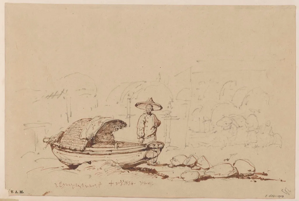 A boatman beside a beached Tanka boat, by George Chinnery, 2