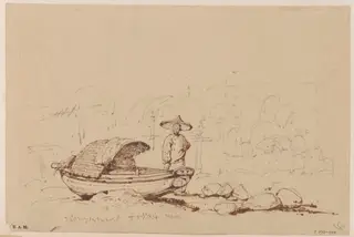 A boatman beside a beached Tanka boat, by George Chinnery, 2