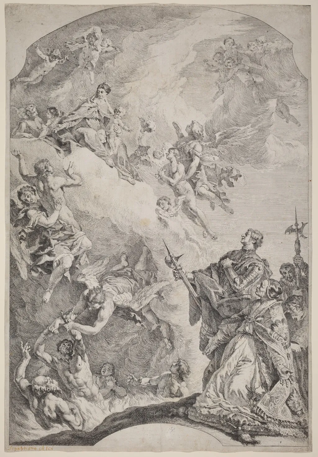 Saint Gregoire I Delivering Souls from Purgatory, by Francesco Fontebasso, ink, 1744