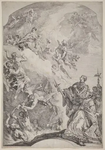 Saint Gregoire I Delivering Souls from Purgatory, by Francesco Fontebasso, ink, 1744