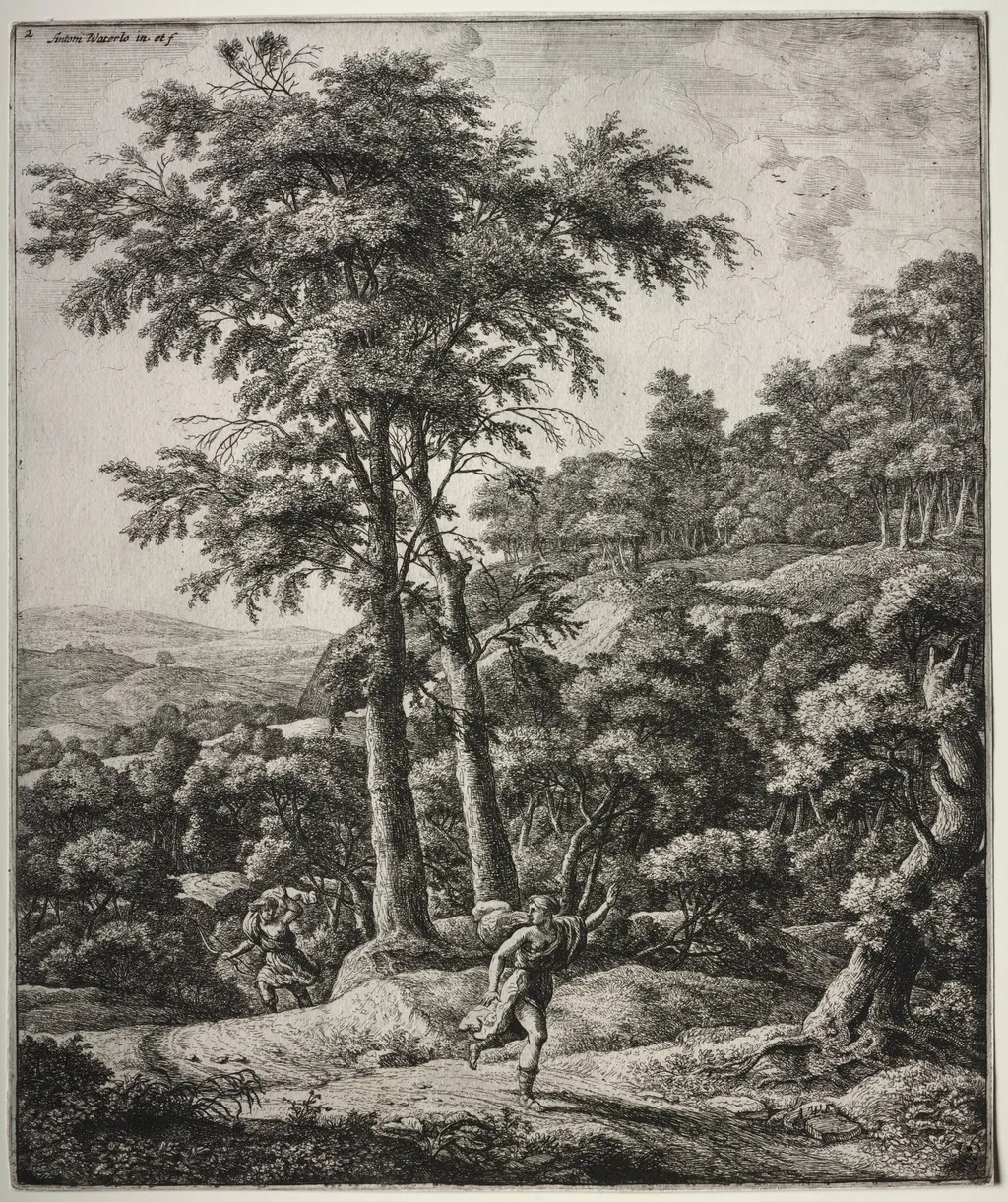 Six large upright landscapes with scenes from Ovid's Metamorphoses: Apollo and Daphne, by Antonie Waterloo, 1665