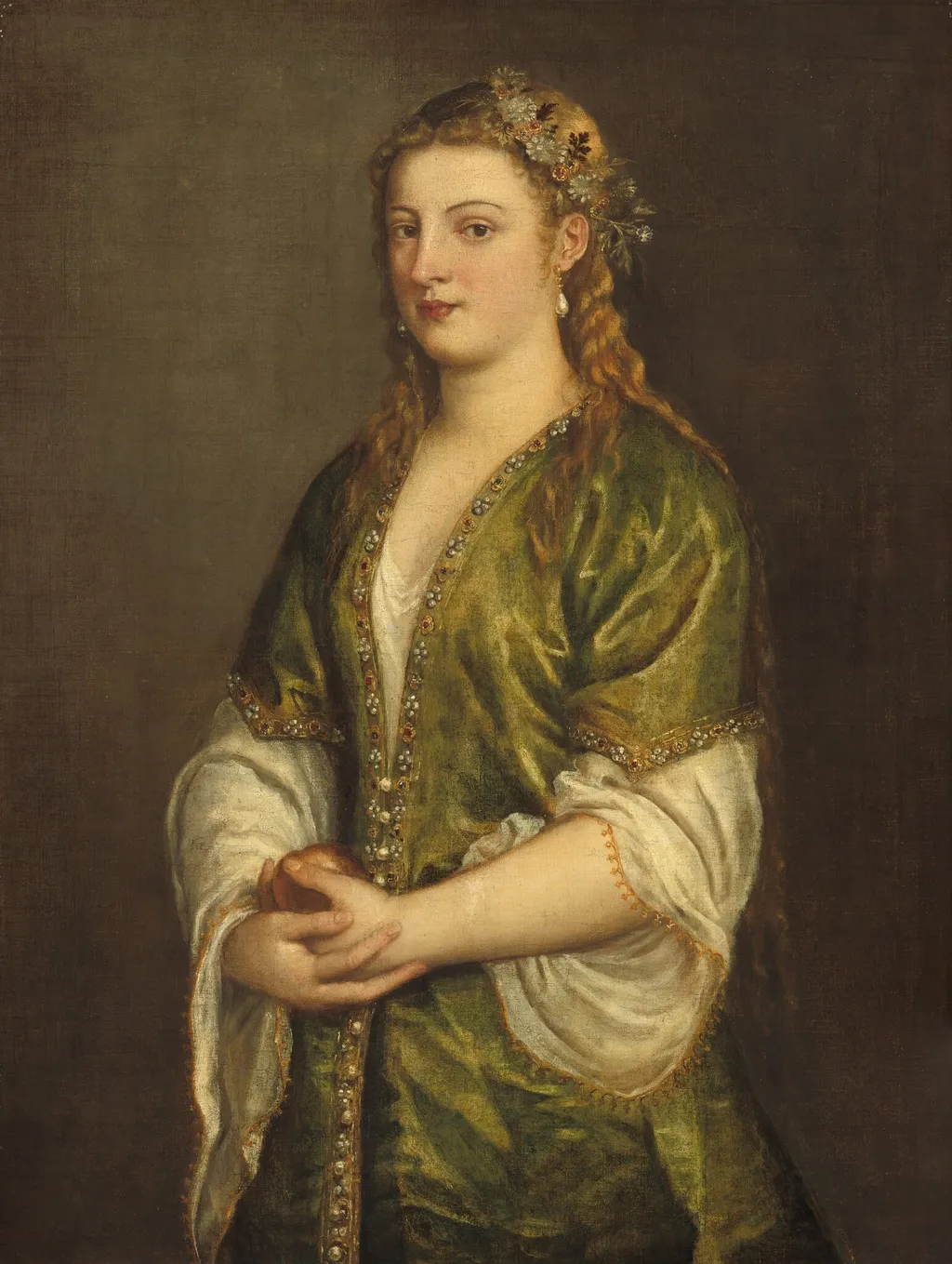 Woman Holding an Apple, by Titian, oil, 1550