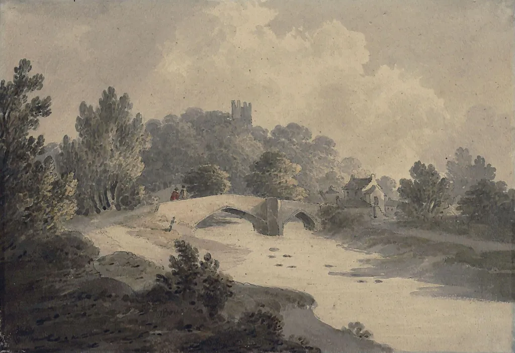 Bridge over the river at Helmsley, in Yorkshire,, by Bourne, watercolor, 1850