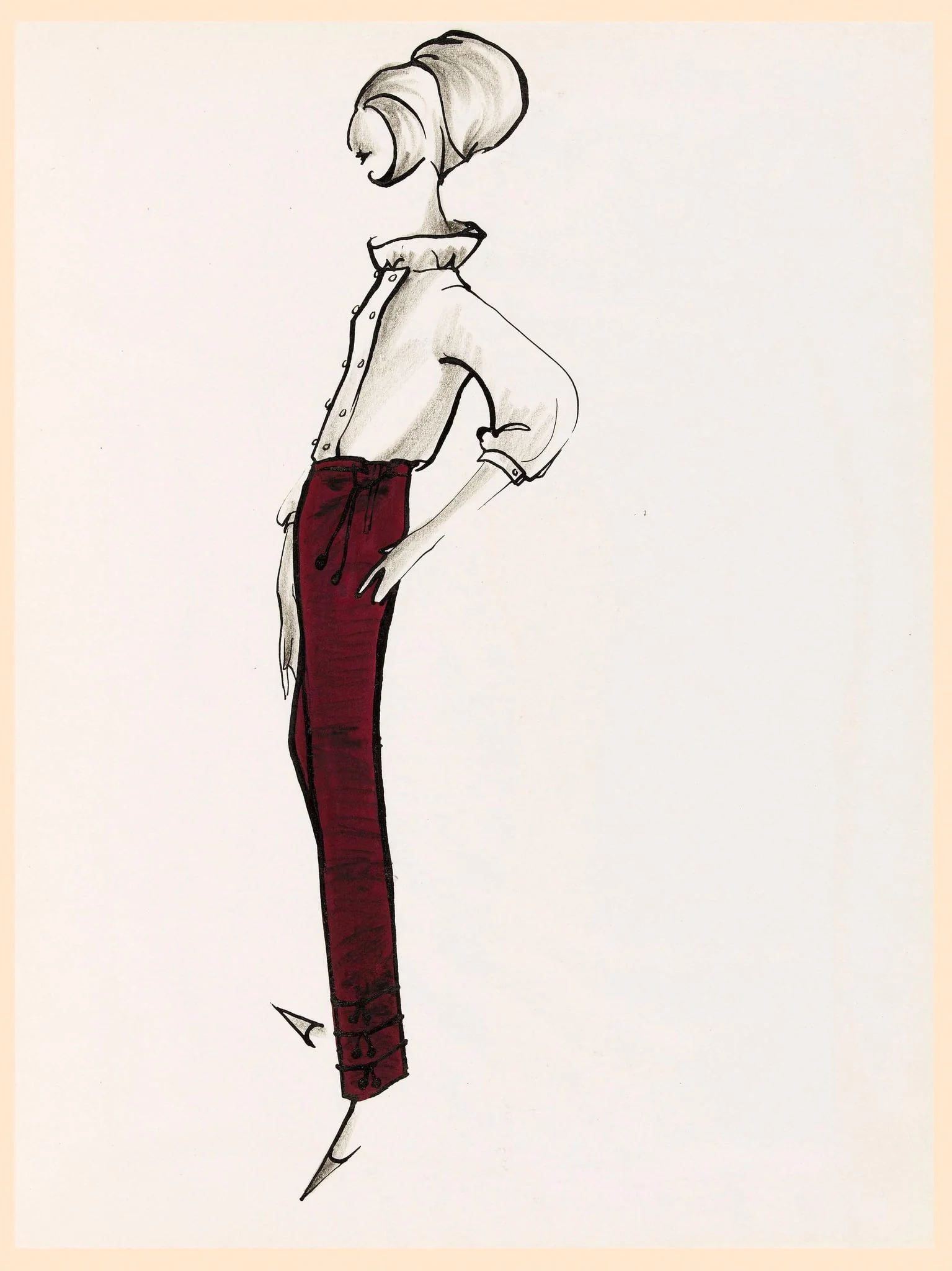 Pantalon bordeaux avec applications en bas de la jambe, detail