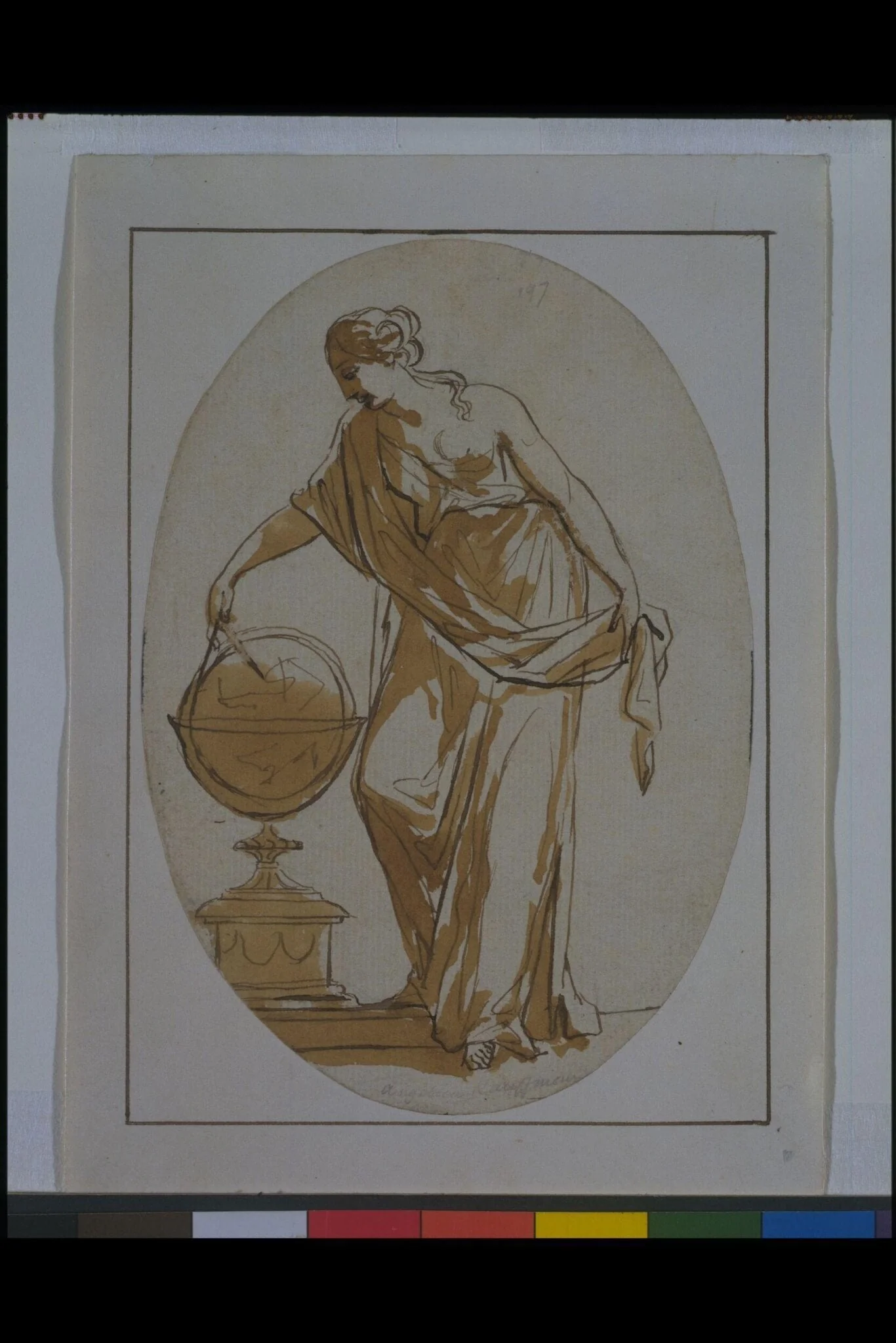 A female figure measuring a globe, detail
