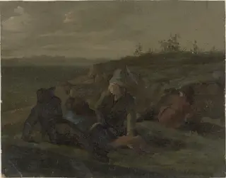 Resting Countrymen in a Meadow, by Simon Andreas Krausz, oil, 1799