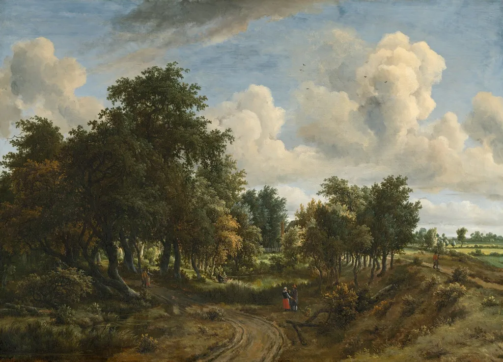 A Wooded Landscape, by Meindert Hobbema, oil, 1663