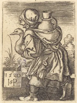 Peasant Woman Going to Market, by Sebald Beham, ink, 1520
