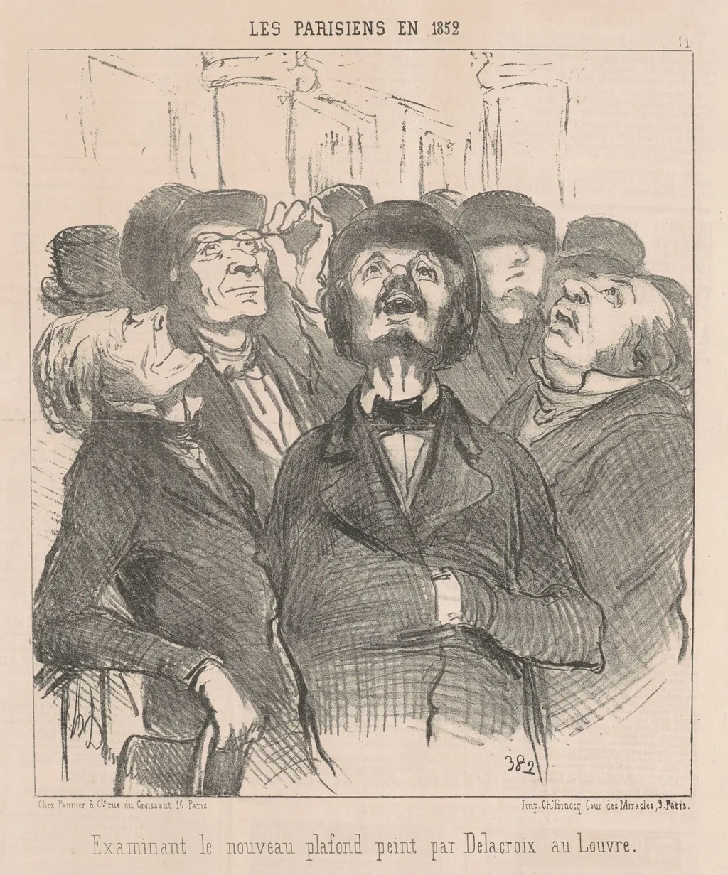 Examinant le nouveau plafond ..., by Honoré Daumier, ink, 1852