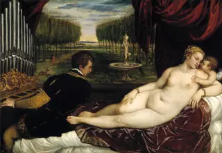 Venus with an Organist and Cupid, by Titian, oil, 1555