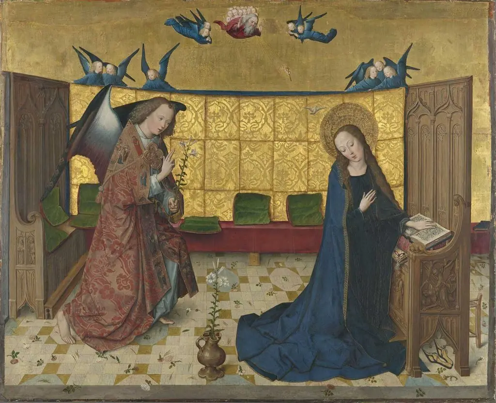 The Life of Mary: the Annunciation (lower half of the Crucifixion of Christ), by Master of the Life of the Virgin, paint, 1474