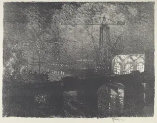 The Shops at Night, Changing Shifts, by Joseph Pennell, ink, 1916