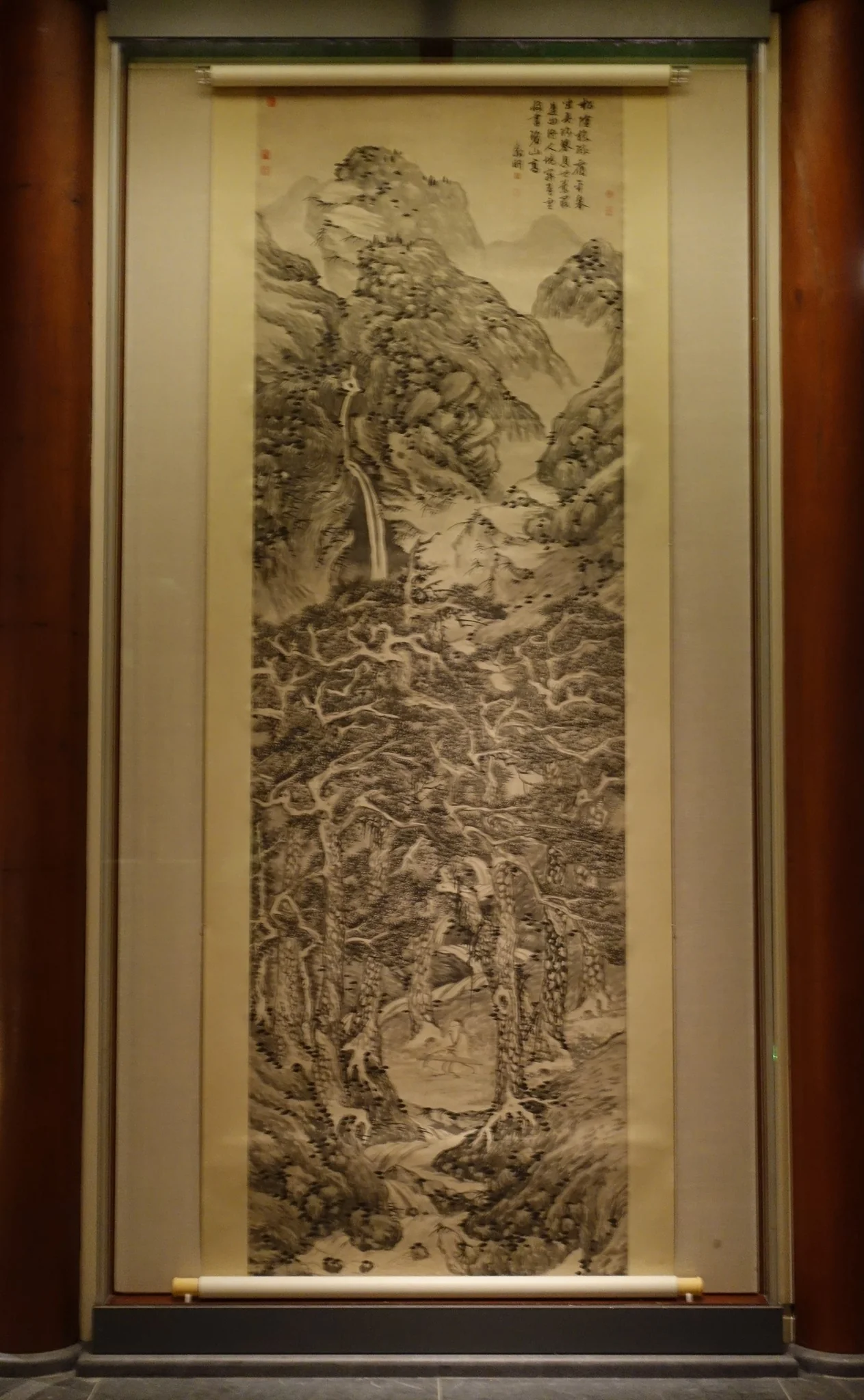 明 文徵明 松陰飛瀑圖 軸|Recluse playing the zither in a pine grove, detail