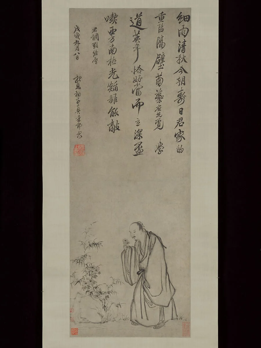 清 佚名 仿張風 摘菊圖 軸|Plucking Chrysanthemums, detail