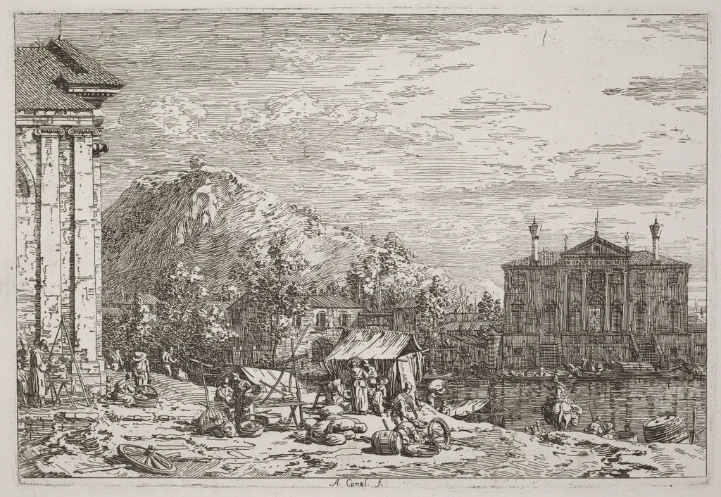 The Market at Dolo [lower left], by Canaletto, ink, 1740