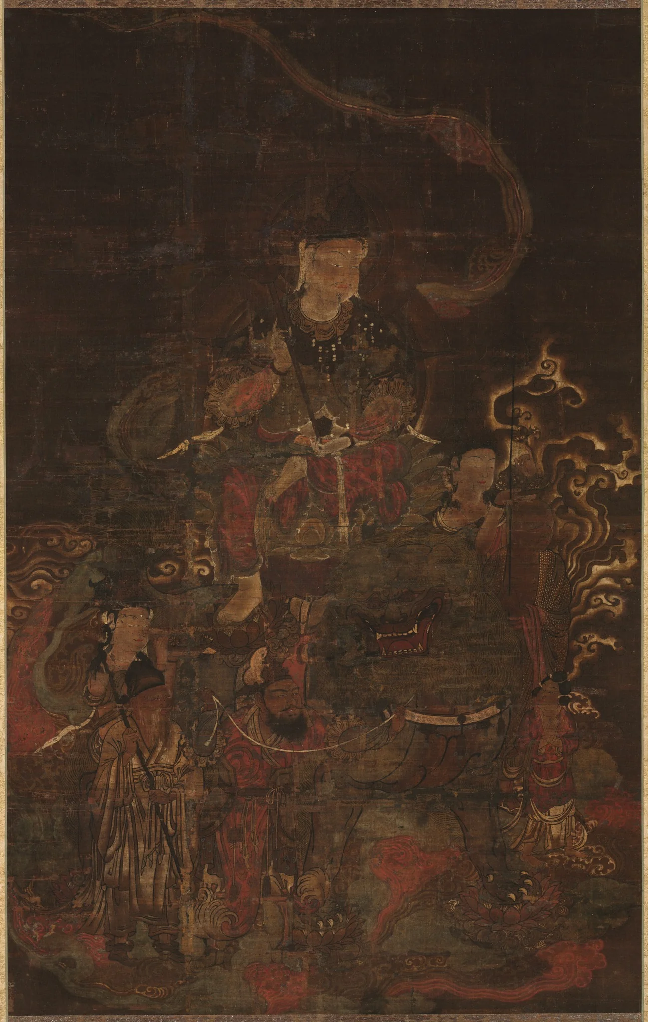 Monju Riding Lion with Attendants, detail