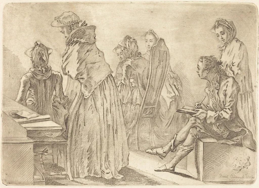Party with Six Ladies and the Artist, by Daniel Nikolaus Chodowiecki, ink, 1758