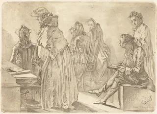 Party with Six Ladies and the Artist, by Daniel Nikolaus Chodowiecki, ink, 1758