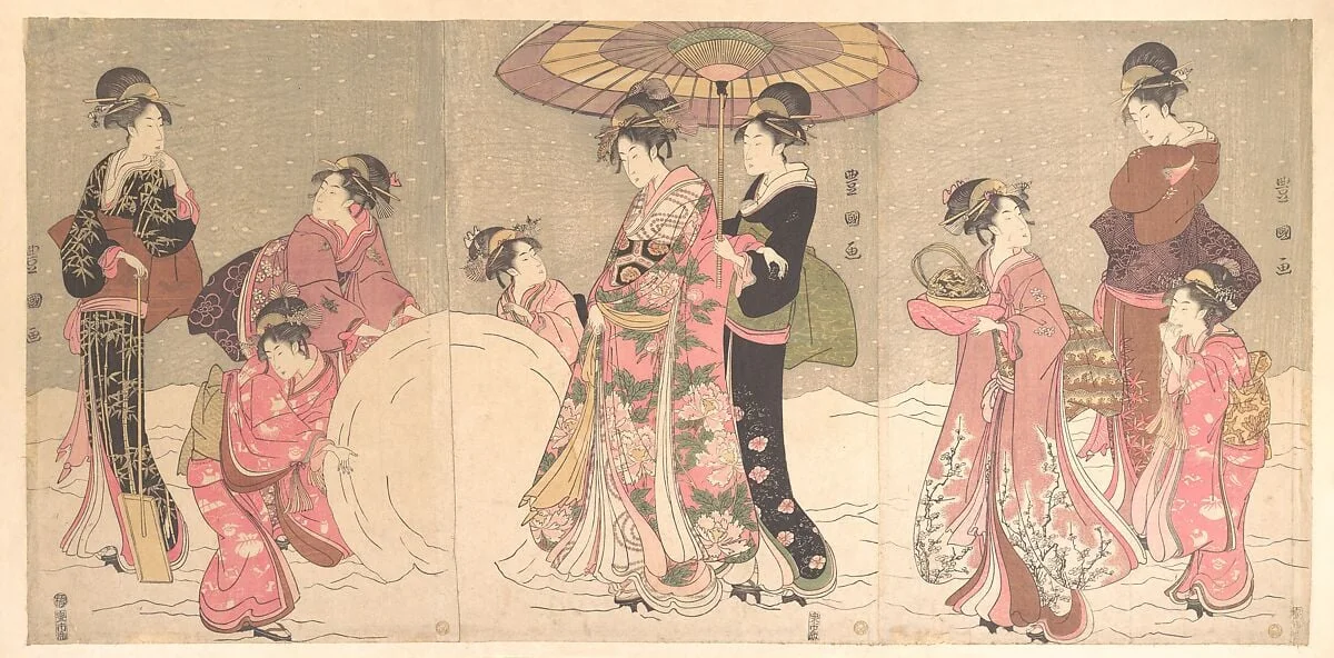 歌川豊国画 雪こかし|Courtesans and Attendants Making a Giant Snowball, detail