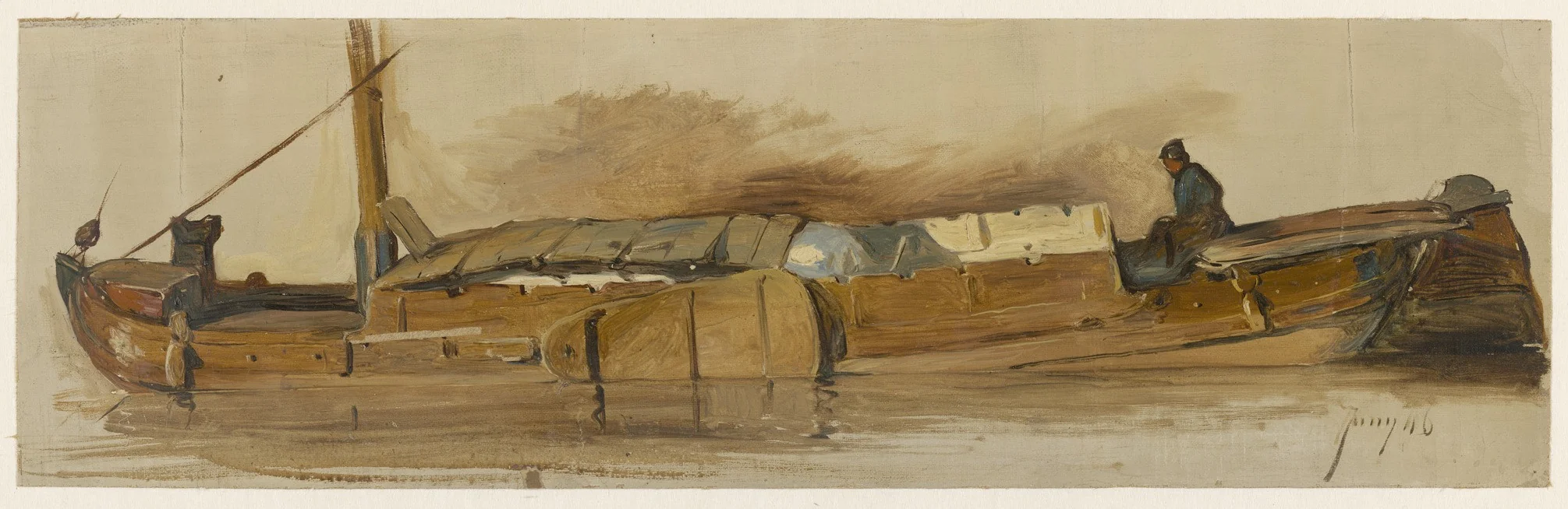 Lange schuit met schipper, detail