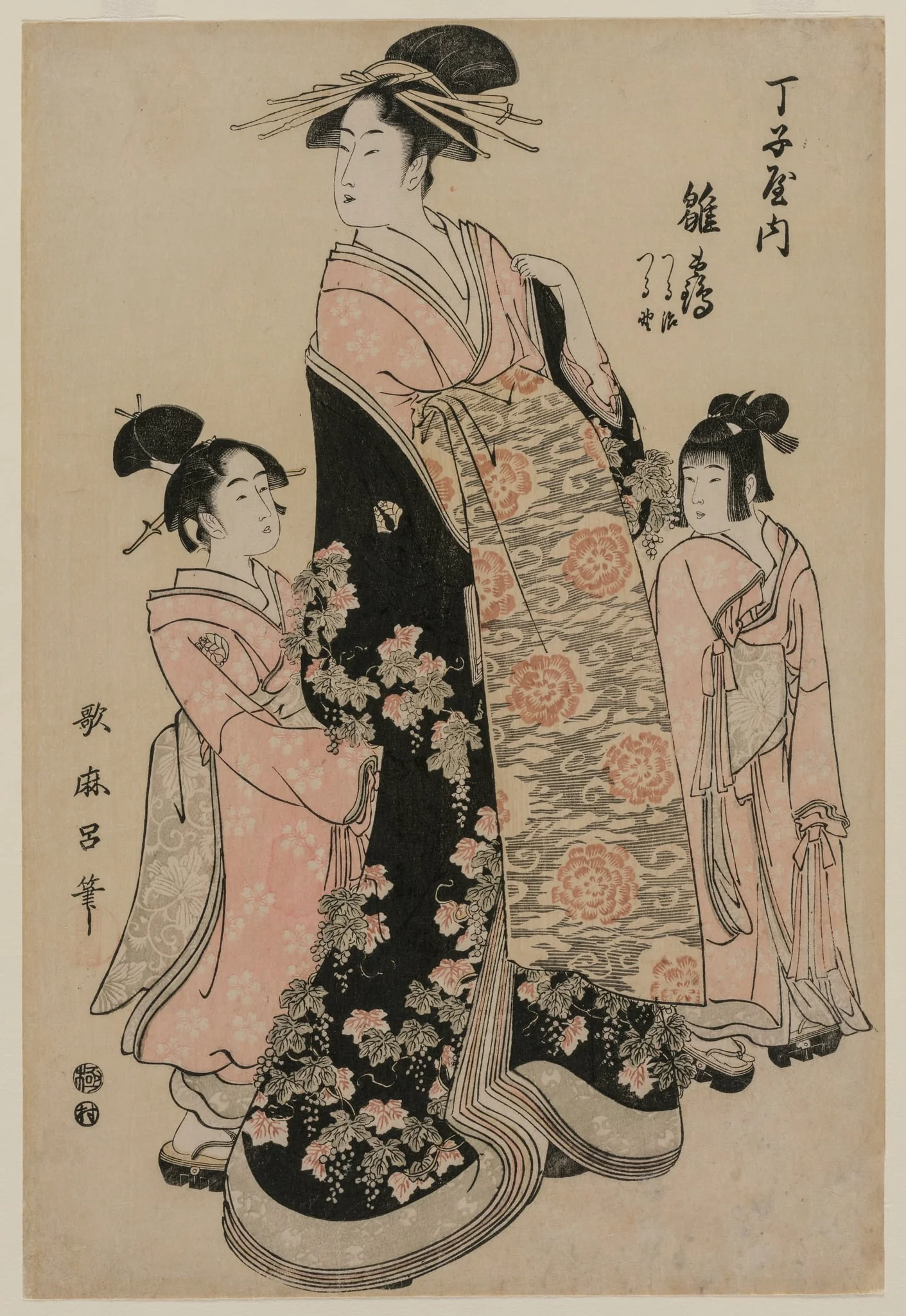 The Courtesan Hinazuru of Chojiya with her Attendants Tsuruji and Tsuruno, detail