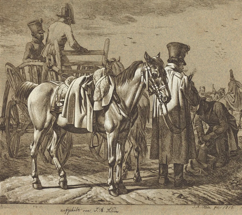 Horse with Soldiers Smoking Pipe/Military Scene, by Johann Adam Klein, ink, 1816