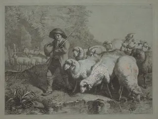 Shepherd with a Sack Driving a Flock, by Francesco Londonio, gouache, 1763