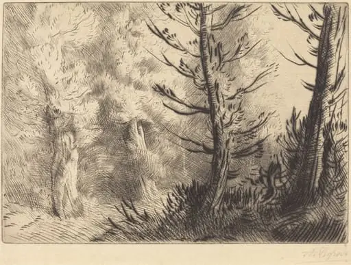 In the Forest of Fontainebleau (Dans le foret de Fontainebleau), by Alphonse Legros, ink, 1874