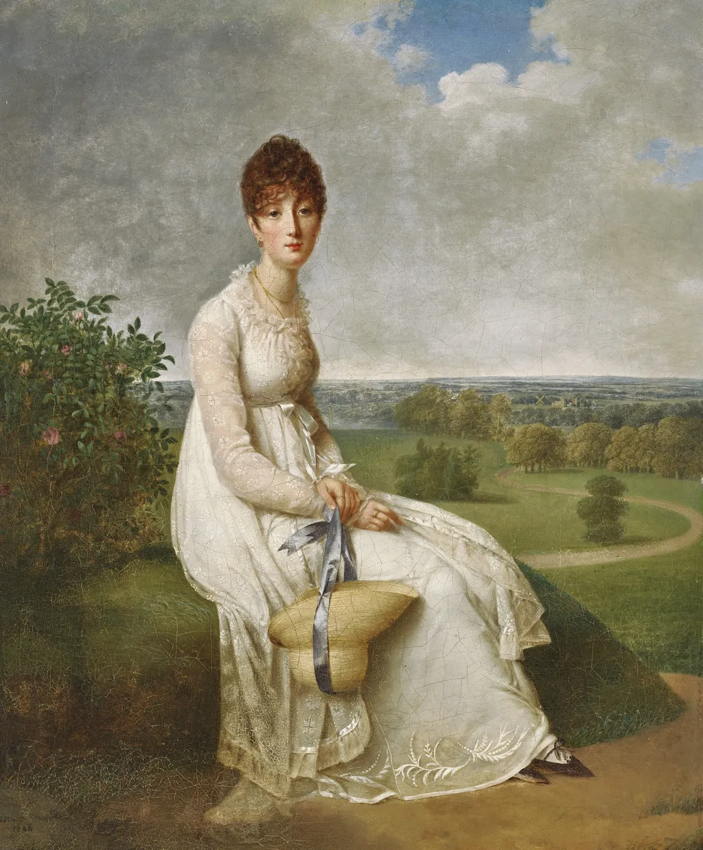 Portrait of a lady, full-length, seated on a rock in a landscape, by Adèle Romany, oil, 1806
