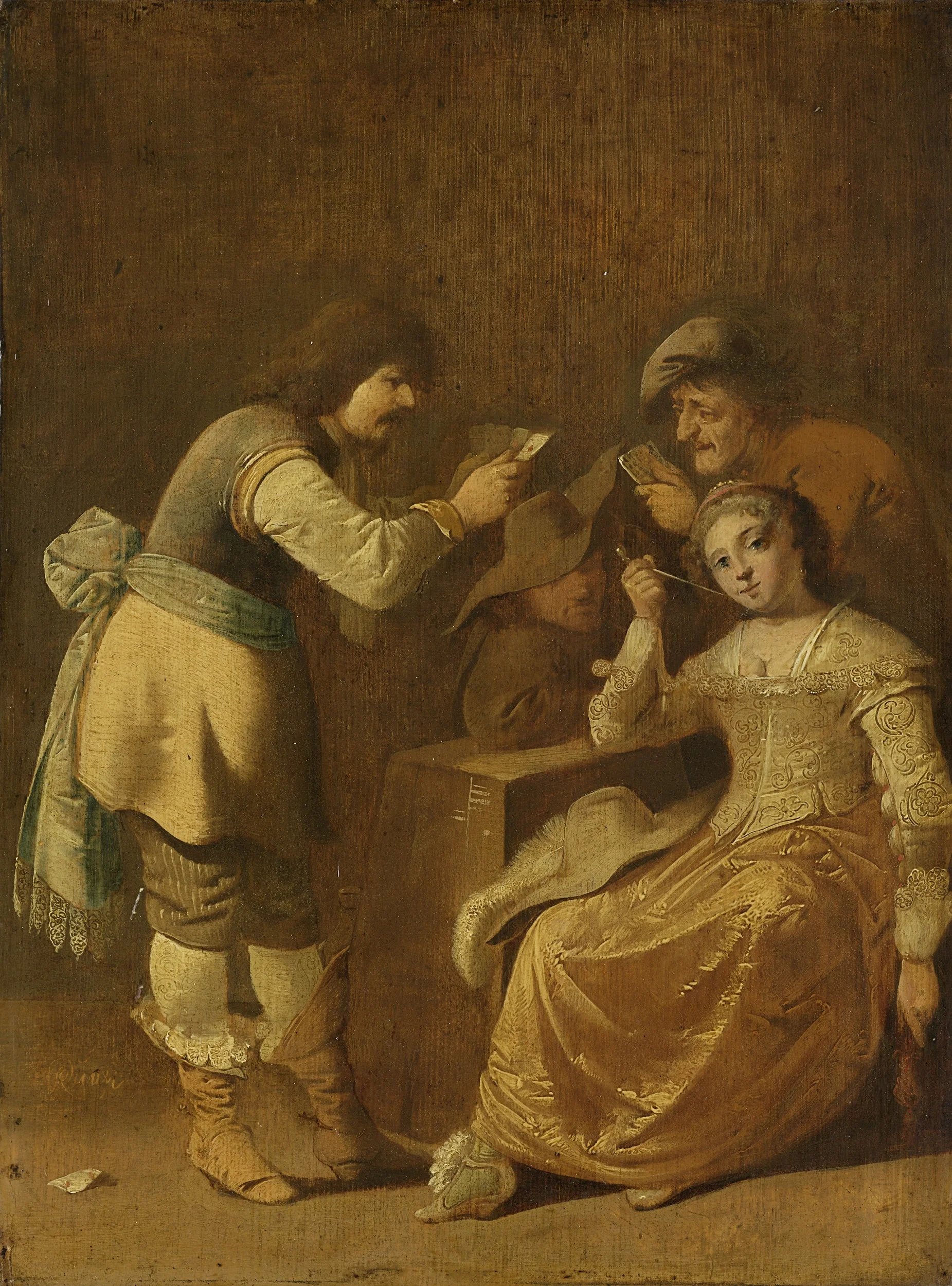Card players with woman smoking a pipe, detail