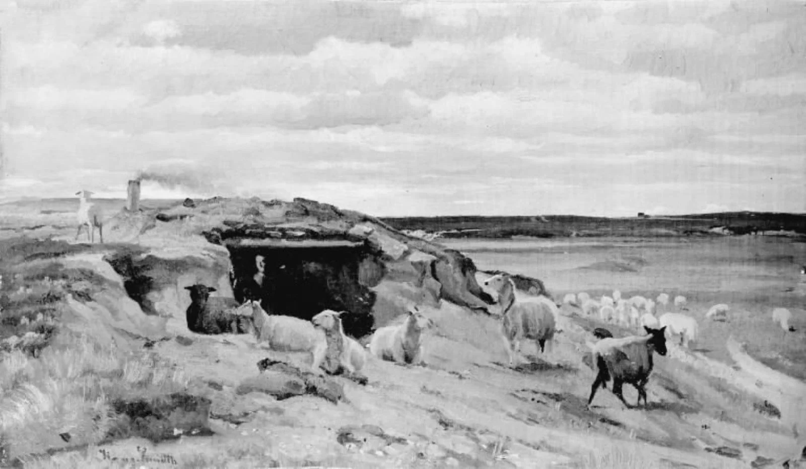 Fåreflok foran en jordhule med folk, detail