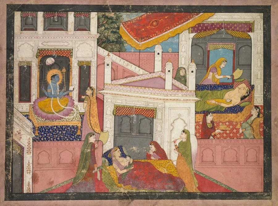 The birth of Rama and his brothers, from Chapter 17 of the Bala Kanda (Book of Childhood) of the Adhyatma Ramayana (Rama's Journey of the Supreme Spirit) from the Brahmanda Purana (Ancient Scripture of the Cosmic Egg), detail