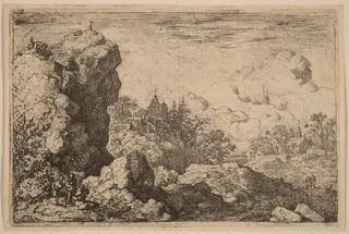 Three Travelers at the Foot of a High Rock, by Allart van Everdingen, ink, 1650