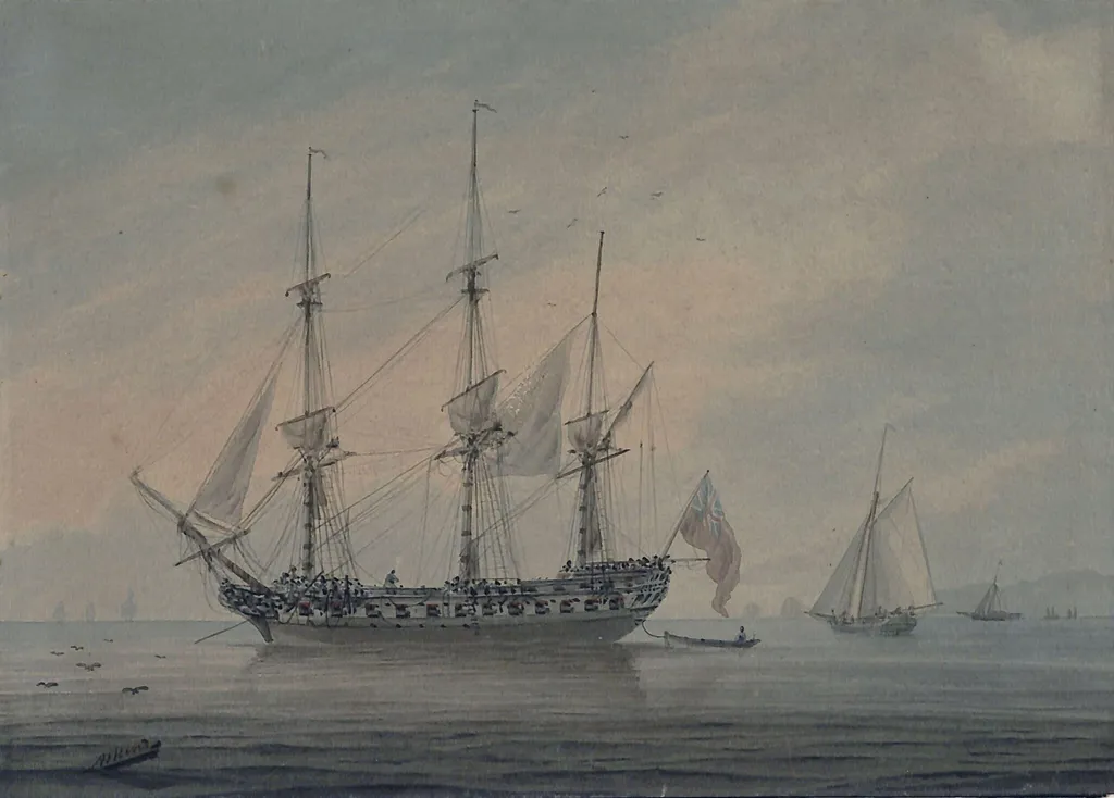 Seascape with a Frigate, by Samuel Atkins, watercolor, 1794
