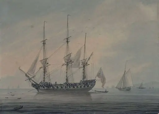 Seascape with a Frigate, by Samuel Atkins, watercolor, 1794