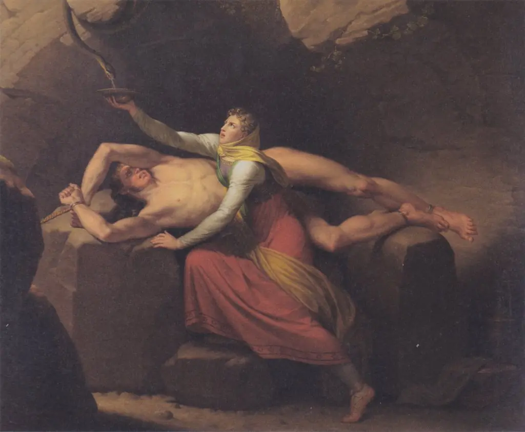 Loki and Sigyn, by Christoffer Wilhelm Eckersberg, oil, 1810