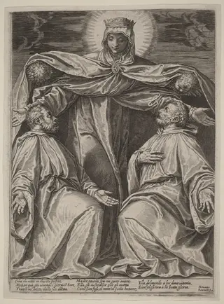 The Madonna Protecting Two Members of a Confraternity, by Agostino Carracci, ink, 1582
